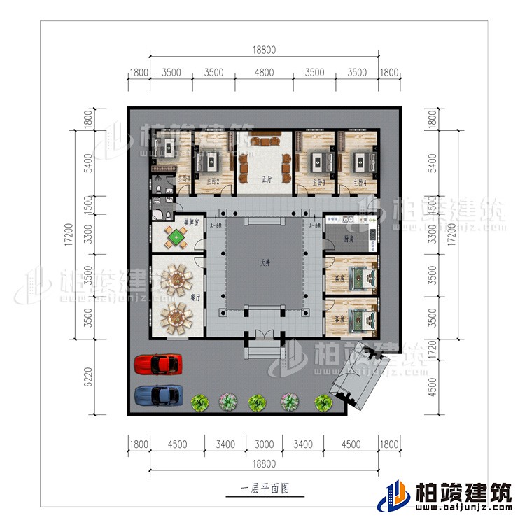 一层：车库、餐厅、棋牌室、厨房、正厅、6卧室、公卫、内卫